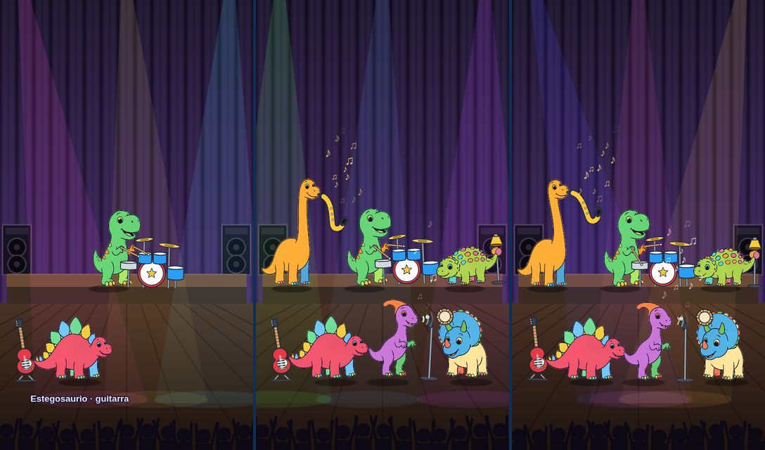 Escenas del concierto: dinosaurios con batería, guitarra, saxofón y micrófono