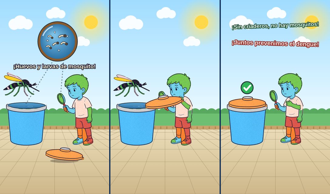 Escenas del dengue: la burbuja con larvas, la tapa en el recipiente y el mensaje final