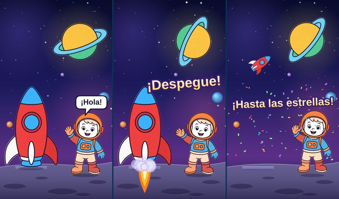 Un astronauta saluda, el cohete despega y el cielo se llena de confeti