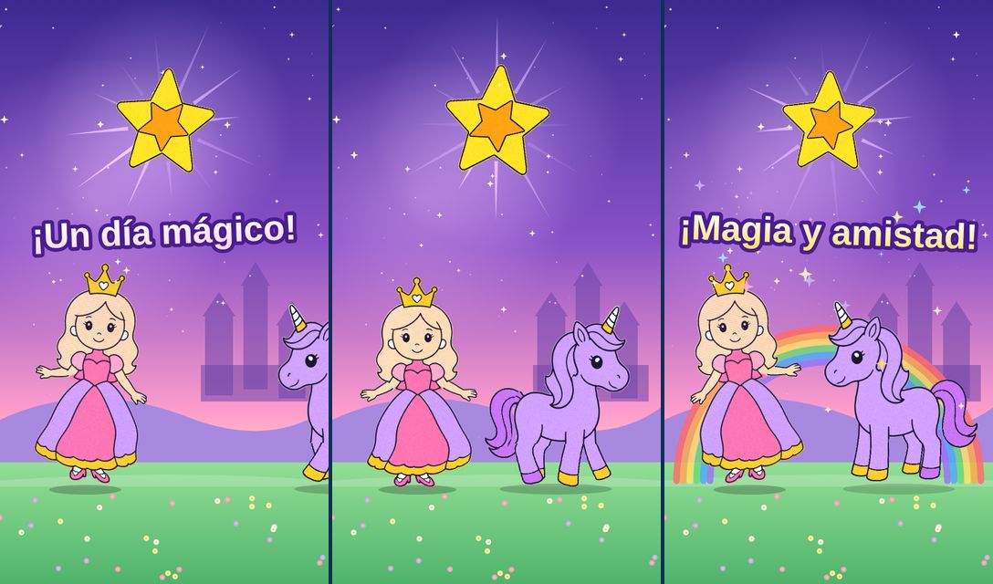 Una princesa y un unicornio celebran su amistad bajo un arcoíris