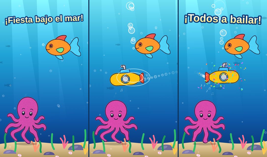 Un pulpo, un pez y un submarino amarillo bailan en el fondo del mar