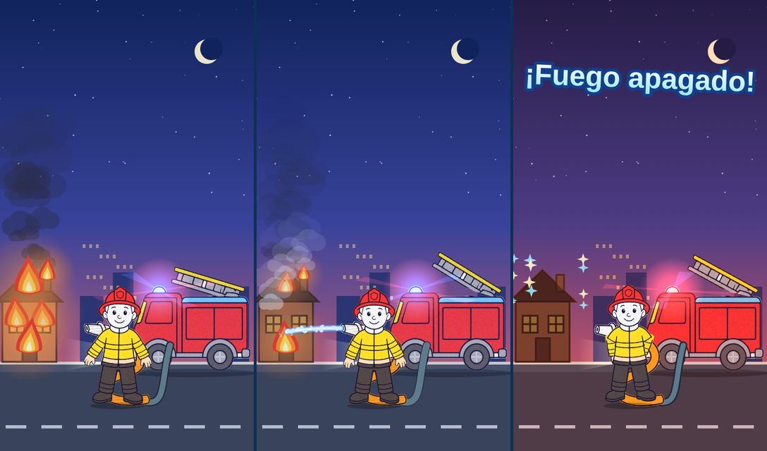 Un bombero apaga el fuego de una casa con su camión